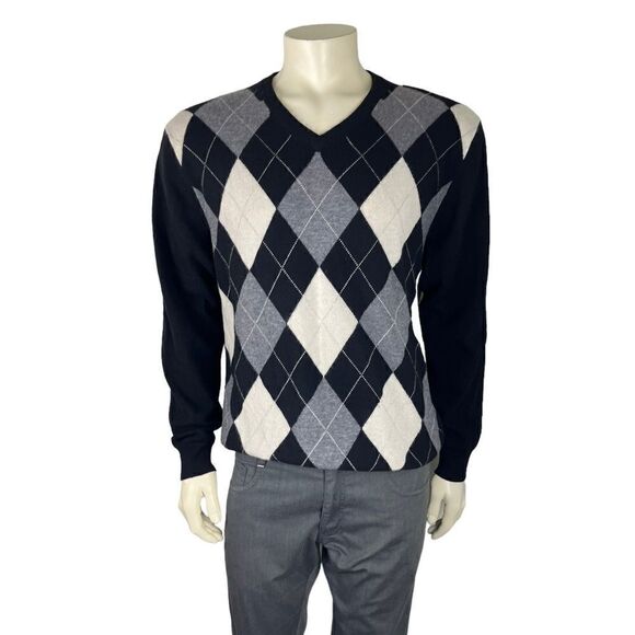Alan Flusser V-Neck Argyle Sweater 100% Cashmere Size L Like New Condition - Picture 9 of 10